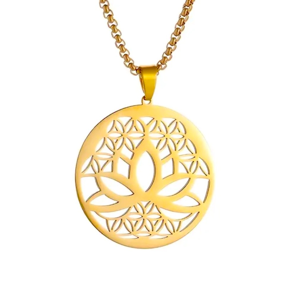 Gold Plated Stainless Steel Mandala Flower Pendant Necklace – 24” Box Chain